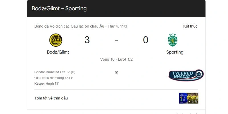 Kèo Bóng Đá Sporting CP Vs Glimt Hôm Nay Ngày 18/03/2026 - C1 5 Thống kê các cuộc so tài trước đây